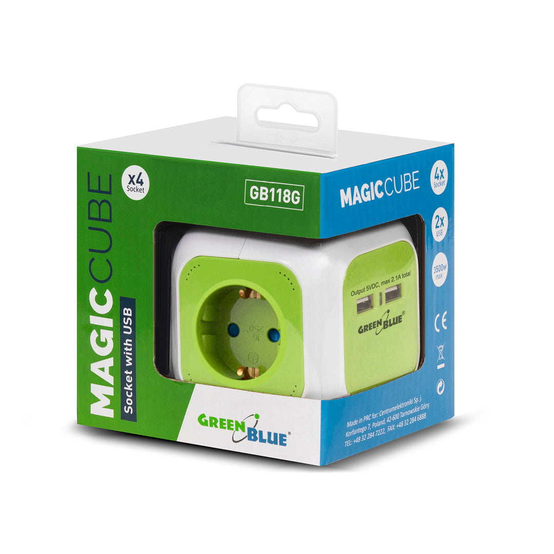 Priza MagicCube cu 4 intrari, GreenBlue GB118, 2 x USB, alb-verde