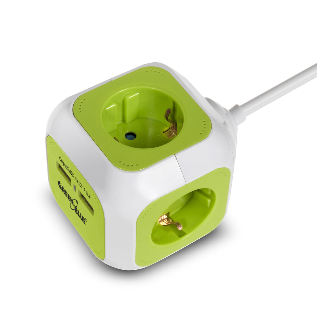 Priza MagicCube cu 4 intrari, GreenBlue GB118, 2 x USB, alb-verde