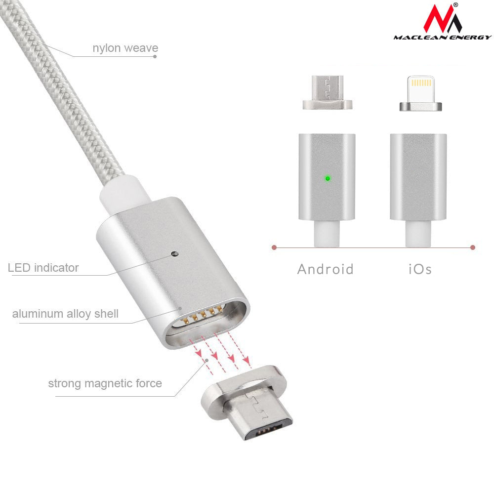 Kabel micro USB magnetyczny silver Maclean Energy MCE160 - Încărcare rapidă & Fast Charge