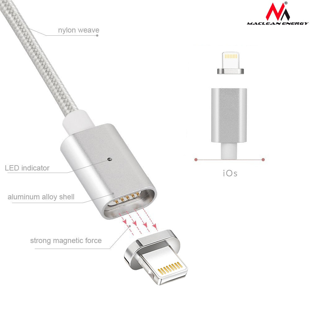 Cablu USB magnetic cu capăt fulger Maclean MCE161 - argintiu