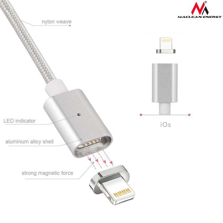 Cablu USB magnetic cu capăt fulger Maclean MCE161 - argintiu