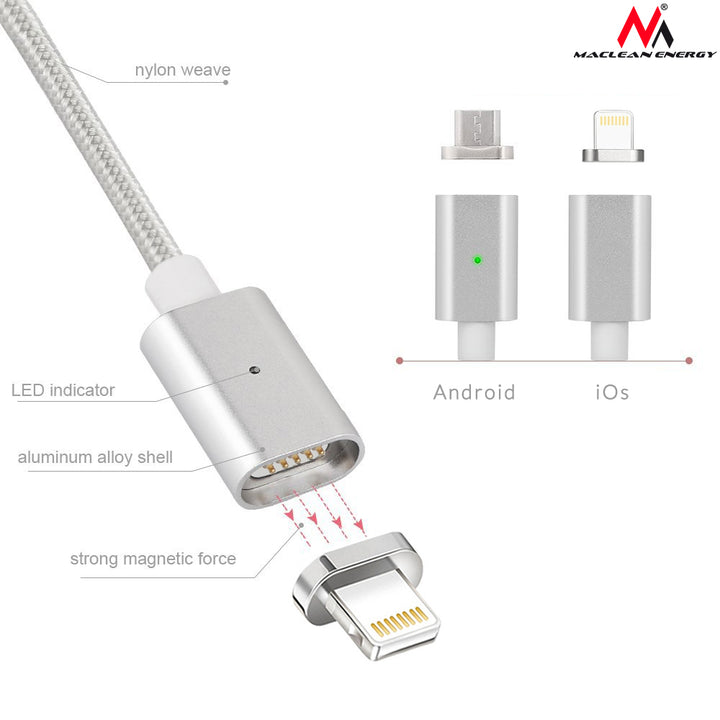 Cablu USB magnetic cu capăt fulger Maclean MCE161 - argintiu