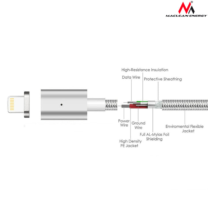 Cablu USB magnetic cu capăt fulger Maclean MCE161 - argintiu
