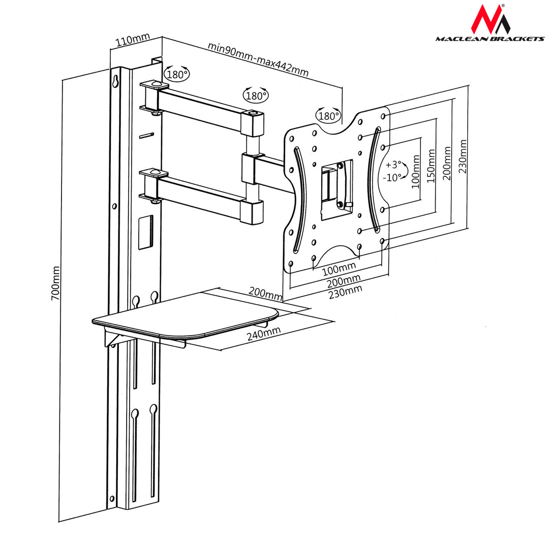 Suport Perete Maclean MC-771, raft pentru DVD, 23" - 42", 30 Kg, Negru