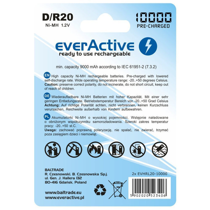 Baterie reîncărcabilă 2x R20 D 10000mAh încărcare everActive Professional