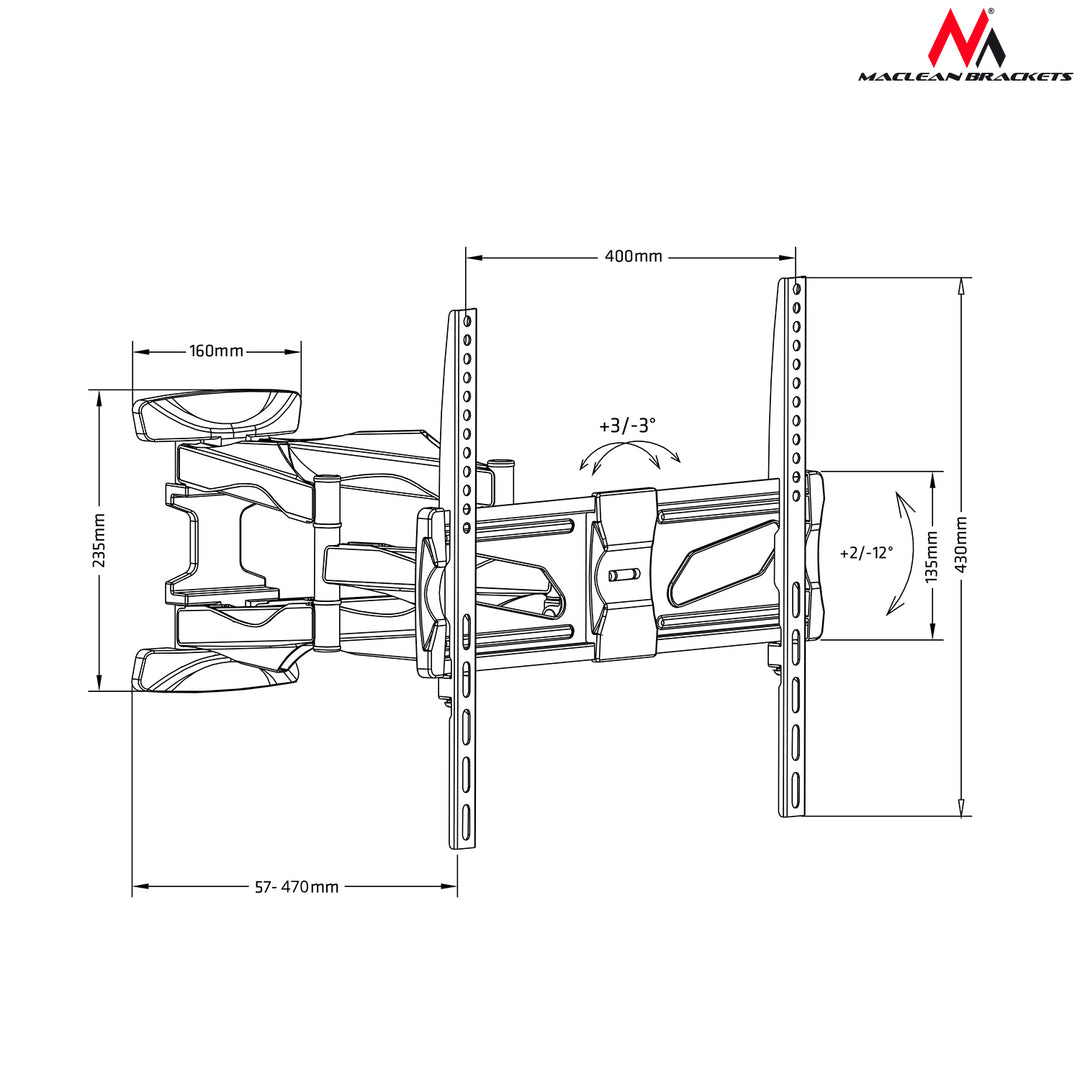 Suport TV de perete, reglabil, 26 - 70 inch, Negru, Maclean, MC-781