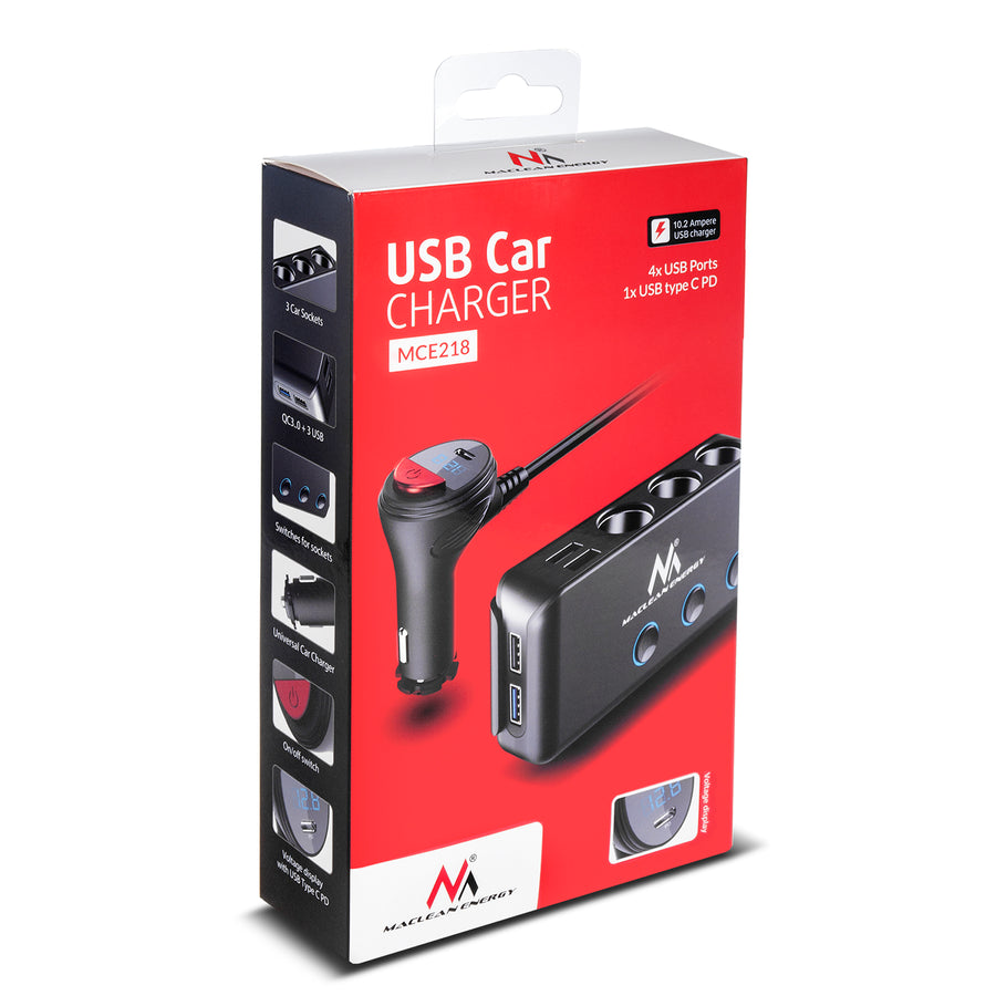Incarcator Auto MCE218, cu 3 porturi bricheta auto 120W, 4 USB, incarcator auto cu USB tip C 18W, voltmetru
