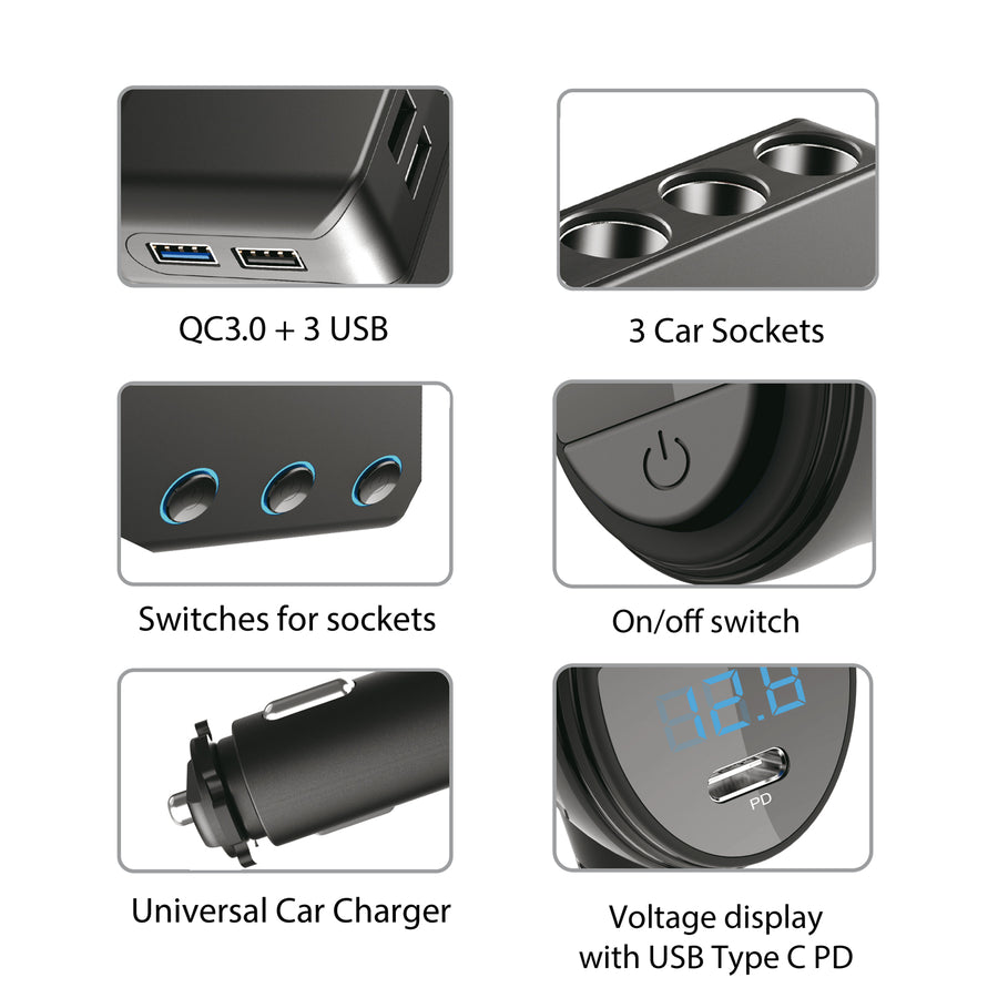 Incarcator Auto MCE218, cu 3 porturi bricheta auto 120W, 4 USB, incarcator auto cu USB tip C 18W, voltmetru