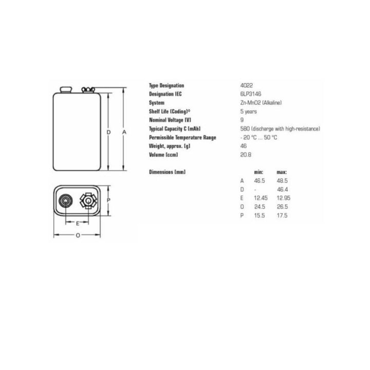 Set de 20 de baterii alcaline Varta R9V 6LR61, 9V, 540-640 mAh