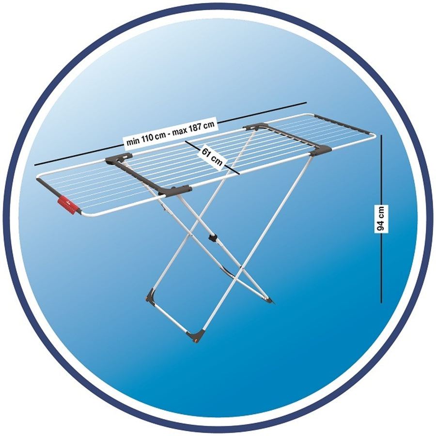 Strat extensibil din oțel și aluminiu, spațiu de așezare de la 11 la 20 m, suport pentru articole mici, dimensiuni deschise, alb, 110-187 x 61 x 94 cm