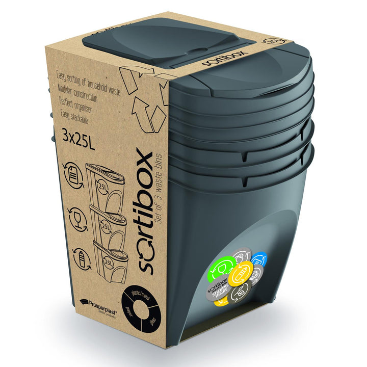 Coșuri de gunoi Sortibox 3x20L pentru sortarea deșeurilor, gri
