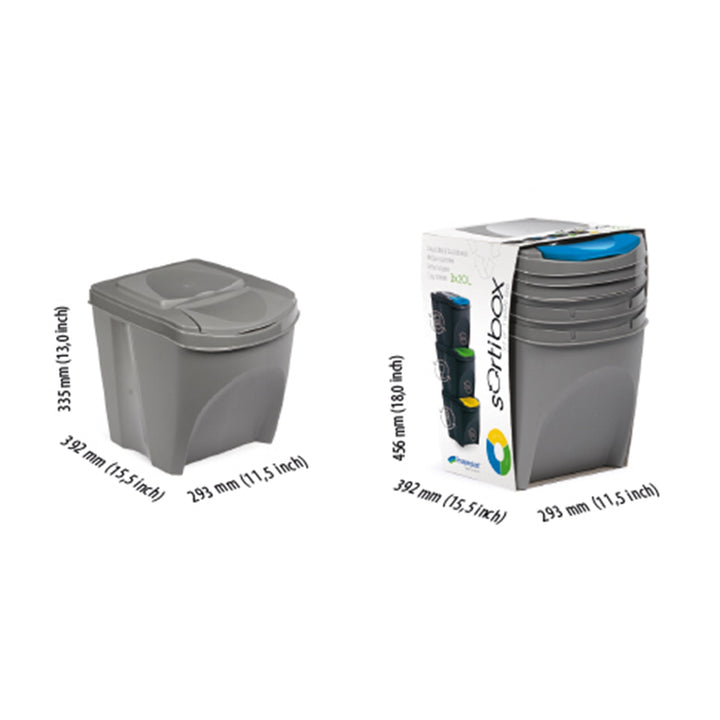 Coșuri de gunoi Sortibox 3x20L pentru sortarea deșeurilor, gri