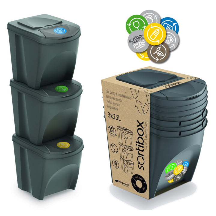 Coșuri de gunoi Sortibox 3x20L pentru sortarea deșeurilor, gri