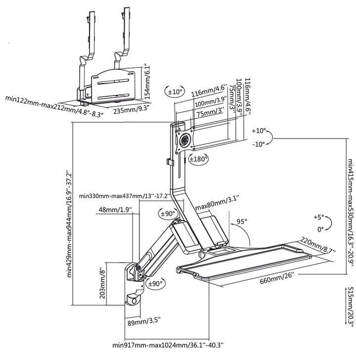 Maclean MC-838 Suport de perete pentru monitor și tastatură cu arc gaz și Suport computer / CPU 17 "-32" 9 kg