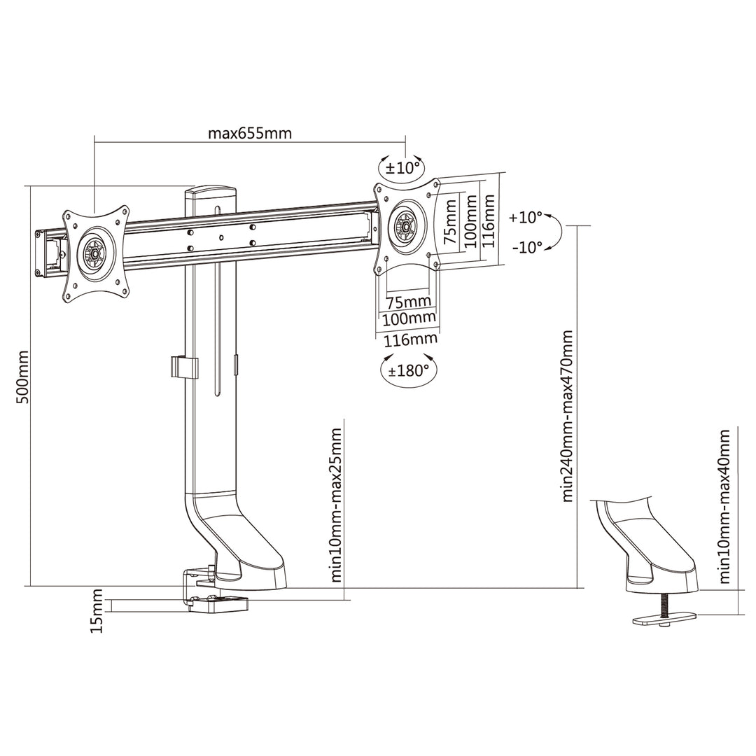 Suport pentru 2 monitoare, 17-27", 14 kg, MC-854, negru