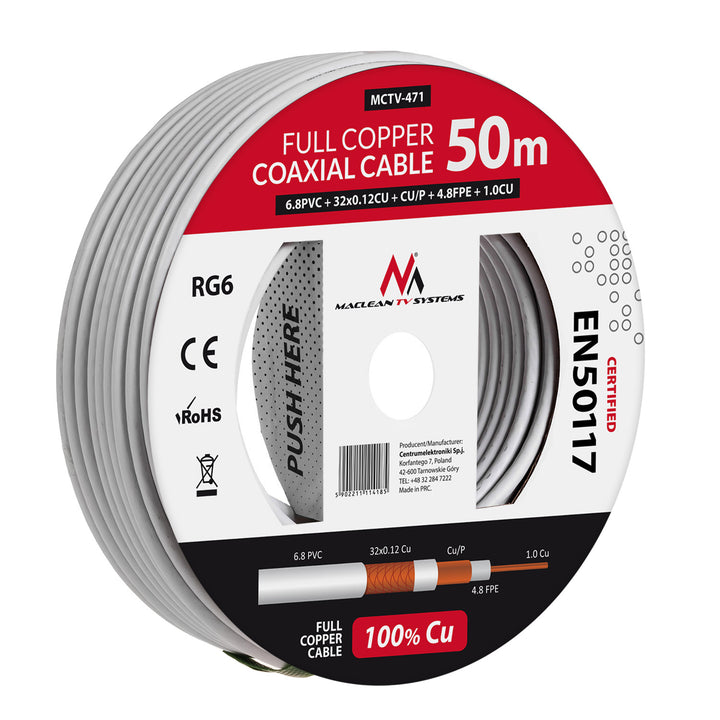 Cablu Maclean MCTV-471 Cablu coaxial RG6 50M 1.02CU + 4.8FPE + CU / P + 32 * 0.12CU + 6.8PVC