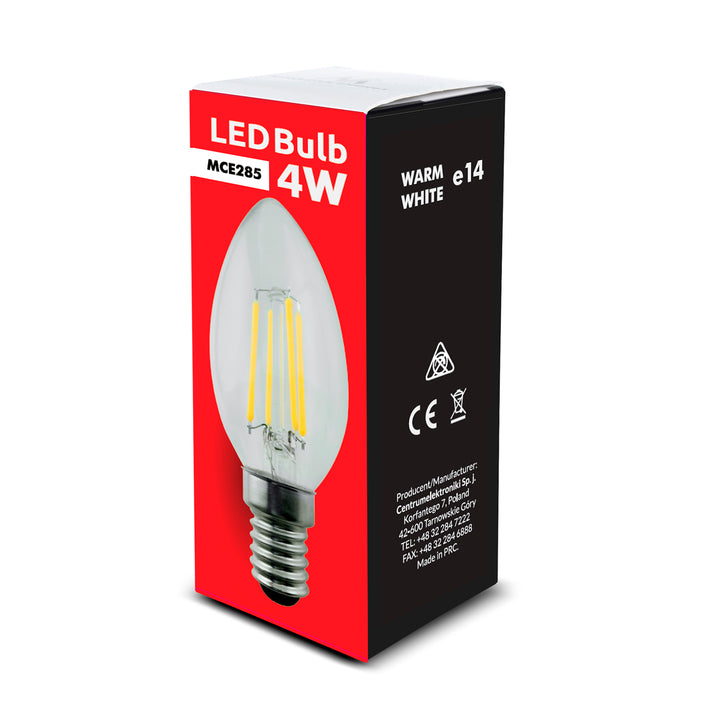 Bec cu filament LED E14, 4W 230V Maclean Energy MCE285 WW alb cald 3000K 400lm lumânare decorativă retro edison C37