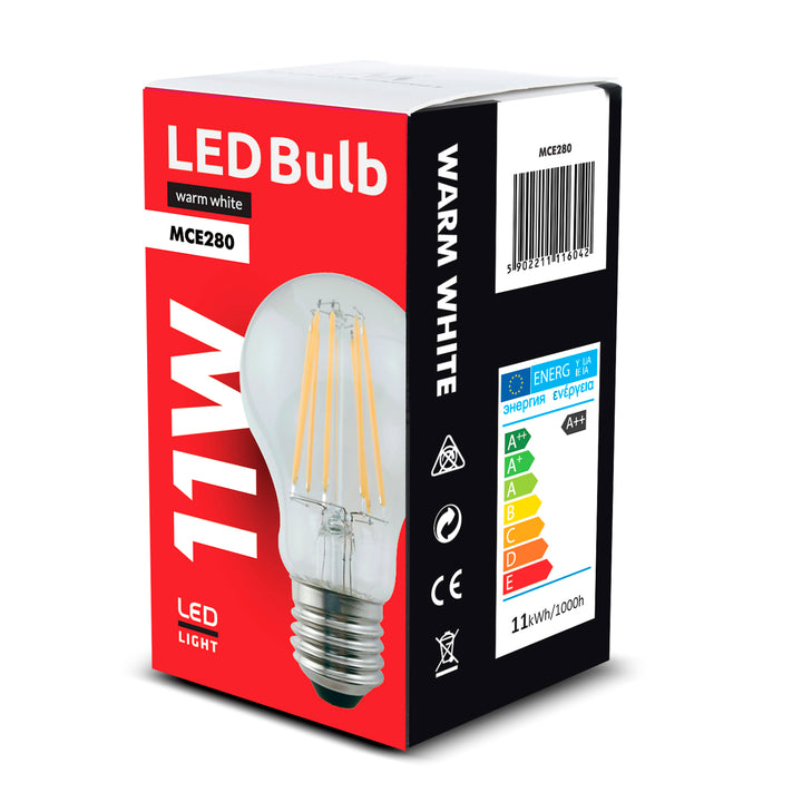 Bec cu filament LED E27, 11W 230V Maclean Energy MCE280 WW alb cald 3000K 1500lm retro edison decorativ A60