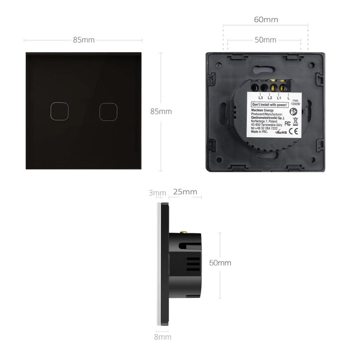 Maclean Energy MCE701B Întrerupător tactil, unic, din sticlă, negru cu dimensiuni buton pătrat 86x86mm, cu iluminare buton