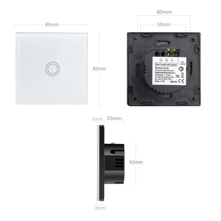 Maclean Energy MCE702W Întrerupător tactil, unic, din sticlă, alb cu buton rotund, dimensiuni 86x86mm, cu iluminare buton