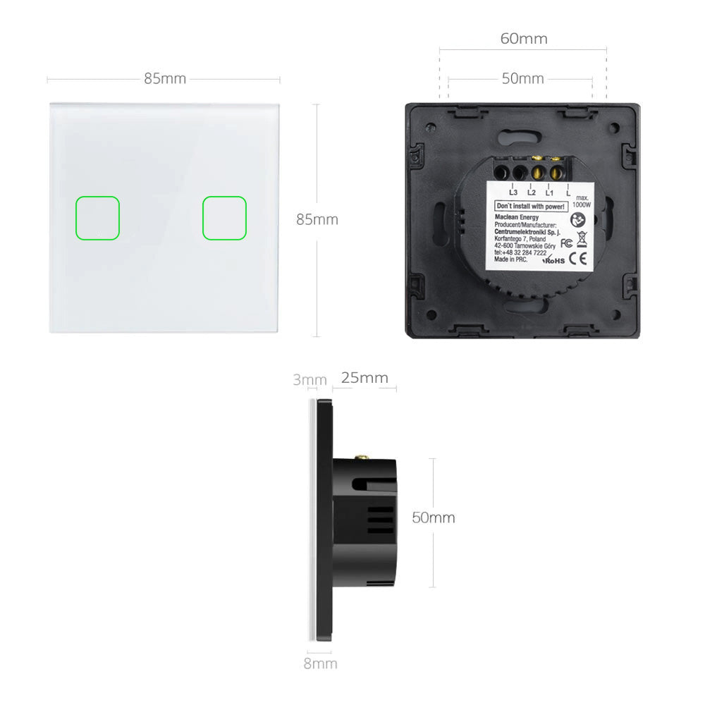 Maclean Energy MCE703W Întrerupător tactil, dublu, din sticlă, alb cu buton pătrat, dimensiuni 86x86mm, cu iluminare buton