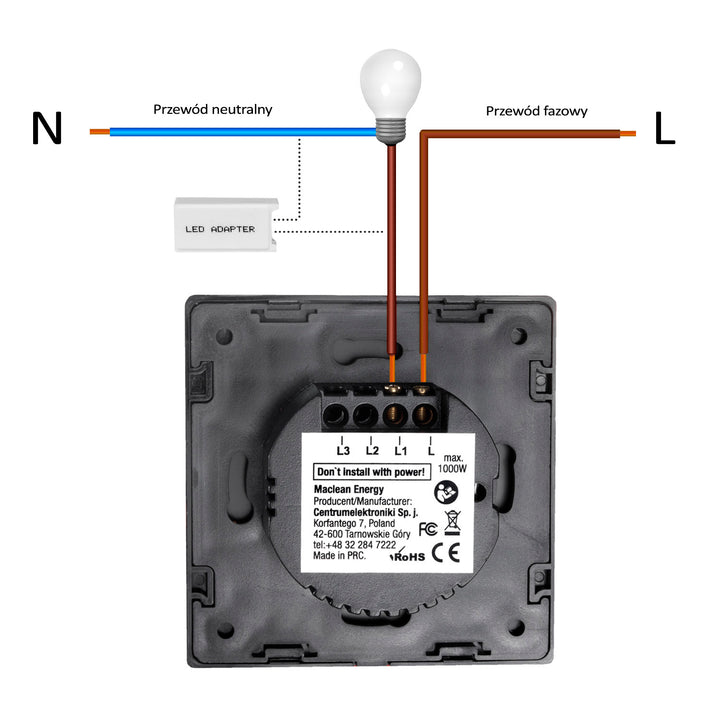 Maclean Energy MCE704W Comutator tactil, dublu, din sticlă, alb cu buton rotund, dimensiuni 86x86mm, cu iluminare buton