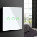 Maclean Energy MCE705W Comutator tactil, triplu, sticlă, alb cu buton rotund, dimensiuni 86x86mm, cu iluminare buton