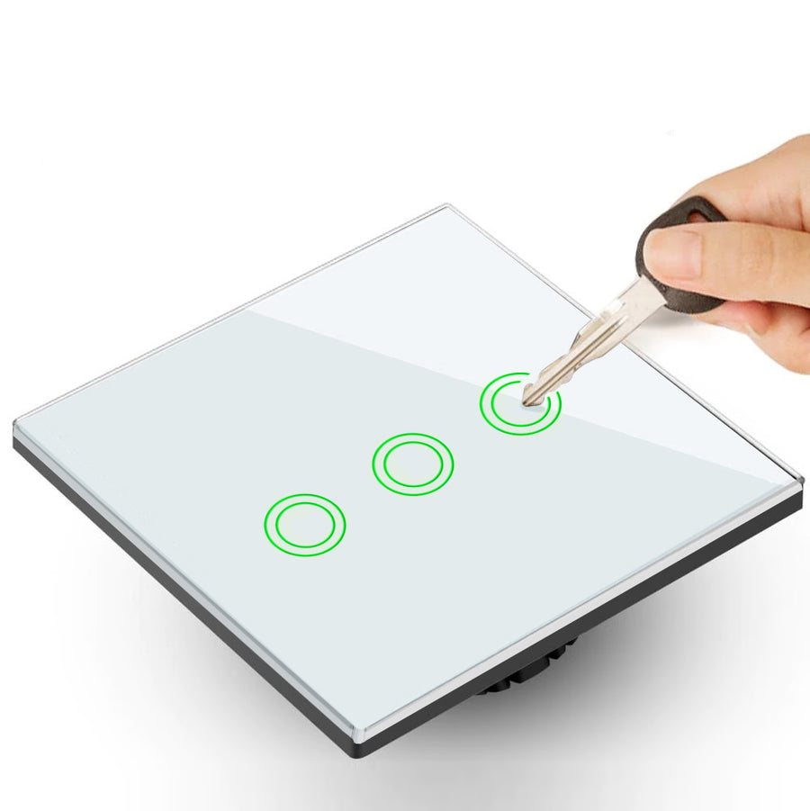 Maclean Energy MCE705W Comutator tactil, triplu, sticlă, alb cu buton rotund, dimensiuni 86x86mm, cu iluminare buton