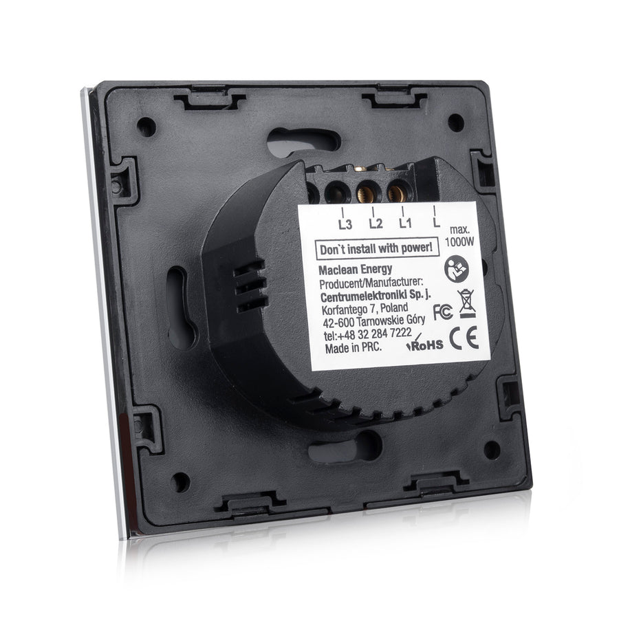 Maclean Energy MCE705W Comutator tactil, triplu, sticlă, alb cu buton rotund, dimensiuni 86x86mm, cu iluminare buton