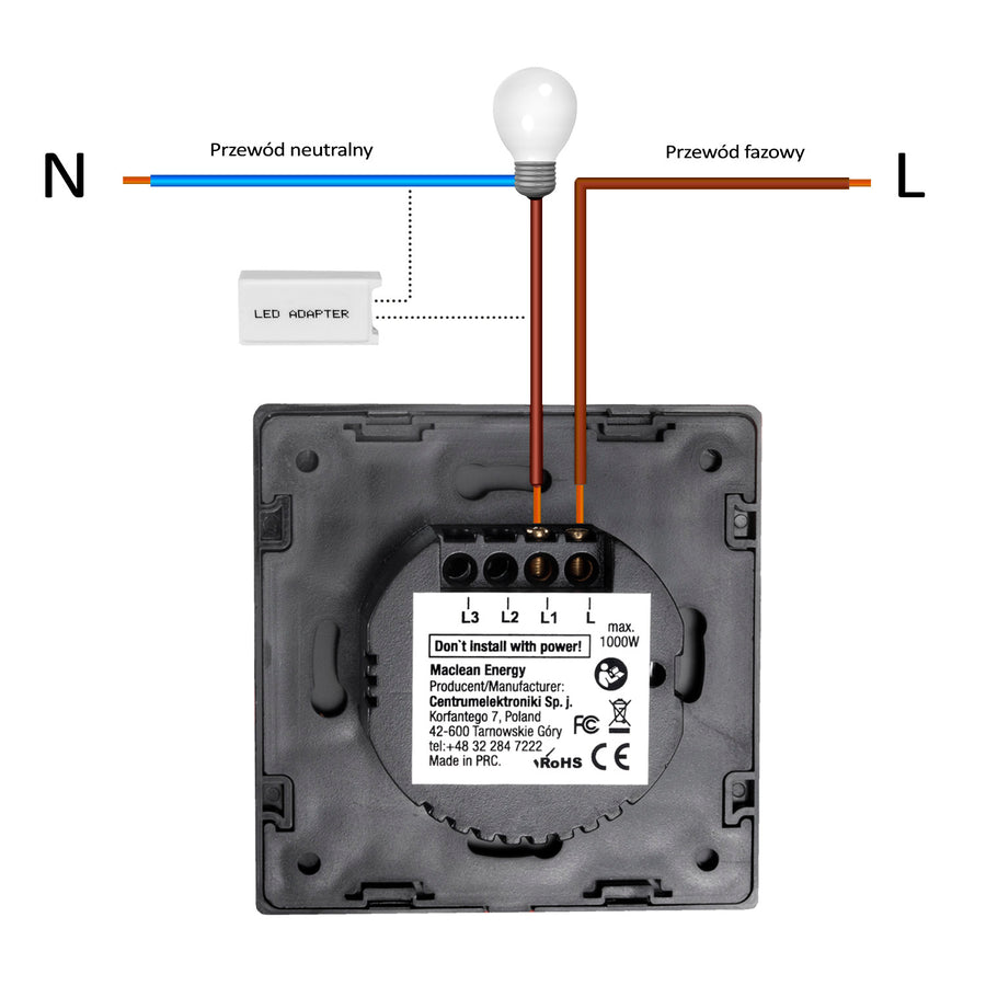 Maclean Energy MCE705W Comutator tactil, triplu, sticlă, alb cu buton rotund, dimensiuni 86x86mm, cu iluminare buton