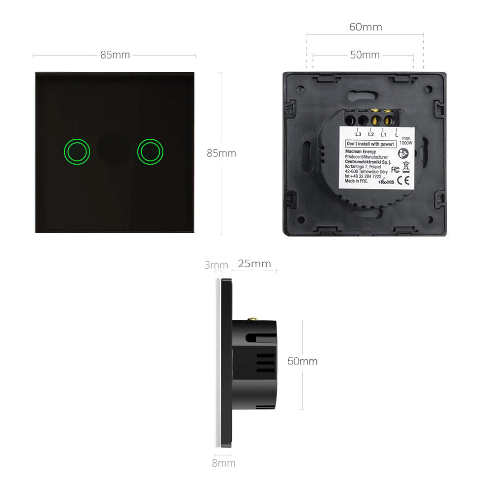 Comutator luminos tactil, dublu, din sticlă, negru cu buton rotund Maclean Energy MCE704B, dimensiuni 86x86mm, cu iluminare buton