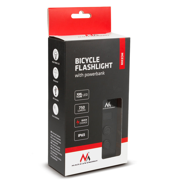 Maclean Energy - MCE308 Lampă lanternă pentru bicicletă Far 2 faruri Cree XML + COB LED 750 lumen cu Powerbank