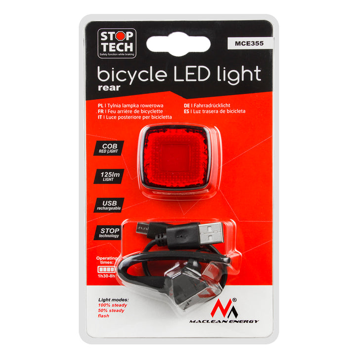 Maclean MCE355 Lumină spate pentru bicicletă Lumină spate COB Lumină LED 125 lumeni Baterie reîncărcabilă USB 3 moduri intermitente IP44 Impermeabil