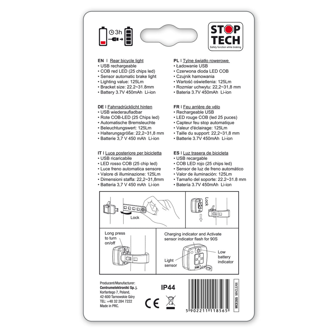 Maclean MCE355 Lumină spate pentru bicicletă Lumină spate COB Lumină LED 125 lumeni Baterie reîncărcabilă USB 3 moduri intermitente IP44 Impermeabil