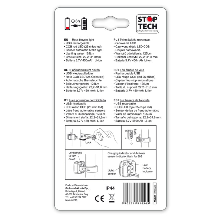 Maclean MCE355 Lumină spate pentru bicicletă Lumină spate COB Lumină LED 125 lumeni Baterie reîncărcabilă USB 3 moduri intermitente IP44 Impermeabil