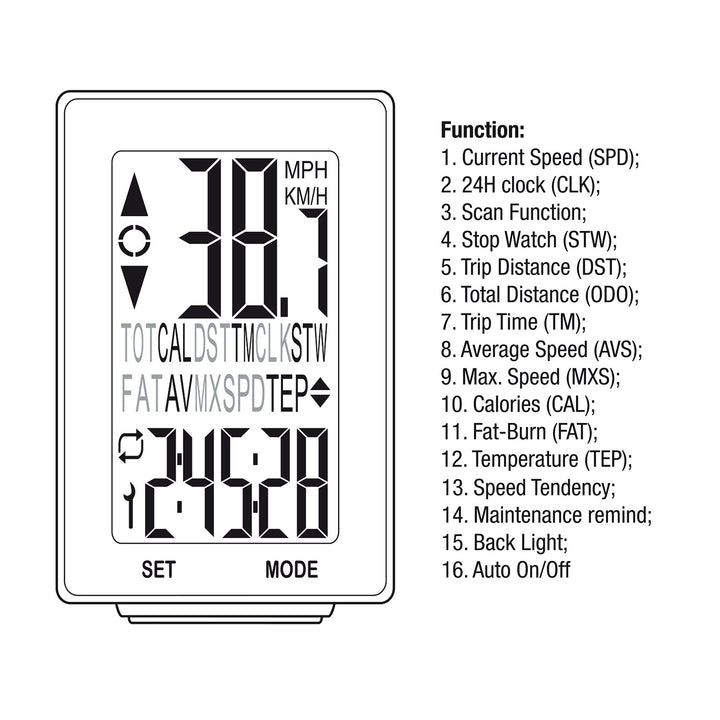 Calculator cu fir pentru bicicletă Maclean Energy MCE315, afișaj ușor de citit cu iluminare de fundal