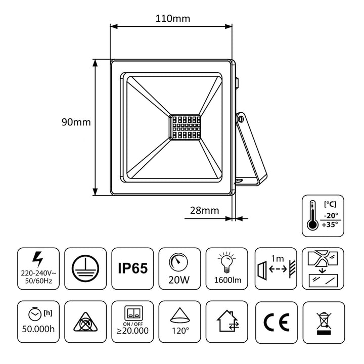 Proiector LED, 20W, 800lm, alb neutru (4000K) Maclean, MCE520 NW, IP65, PREMIUM