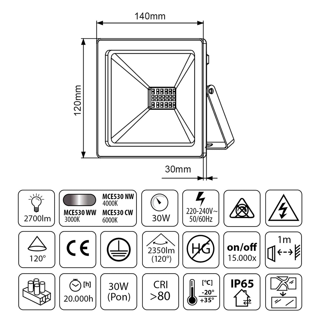 Proiector LED Slim, 30W, 2400lm, alb rece (6000K) Maclean MCE530 CW, IP65