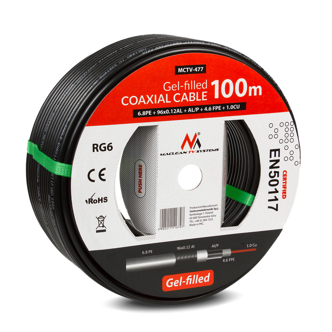 RG6 100M Maclean MCTV-477 1.0CU + 4.6FPE + AL / P + 96 * 0.12AL + 6.8PE
