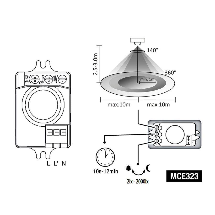 Detector de mișcare cu microunde Maclean Energy MCE323 cu nivel de lumină reglabil, durată de iluminare și sensibilitate/interval de funcționare