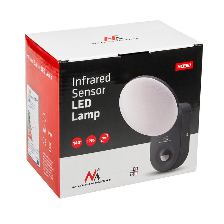 Lampă de perete Maclean Energy MCE367 LED cu senzor PIR - PC + ALU, 15W (1100lm) Alb neutru 4000K IP65 gri