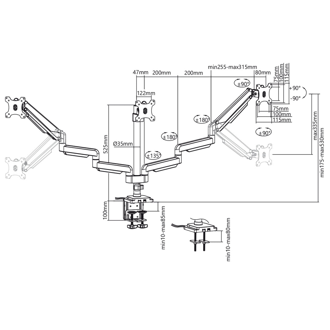 Suport monitor cu 3 brate, cu arc cu gaz și 1x port USB 3.0, conexiune pentru microfon/căști Braț de monit, 13"-32" până la 7 kg VESA 75x75 100x100