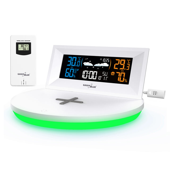 Stație meteo fără fir cu încărcător wireless/inductiv GreenBlue, ceas, alarmă, calendar, senzor de exterior, GB213