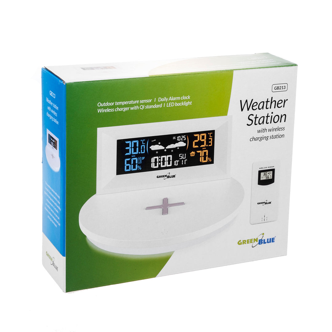 Stație meteo fără fir cu încărcător wireless/inductiv GreenBlue, ceas, alarmă, calendar, senzor de exterior, GB213