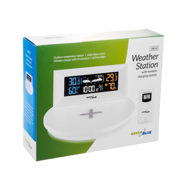 Stație meteo fără fir cu încărcător wireless/inductiv GreenBlue, ceas, alarmă, calendar, senzor de exterior, GB213