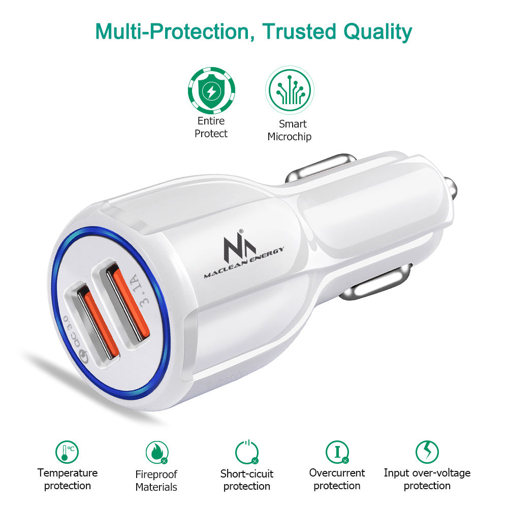 Încărcător auto QC 3.0 Maclean Energy MCE478 W - alb Qualcomm Quick Charge QC 3.0 - 5V / 3A, 9V / 1.8A, 12V / 1.6A și priză 5V / 3.1A