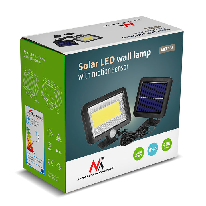 Lampa solara LED cu senzor de mișcare Maclean Energy IP44, 5W, 400lm, 6000K alb rece, baterie litiu 1300 mAh, 5,5V DC MCE438