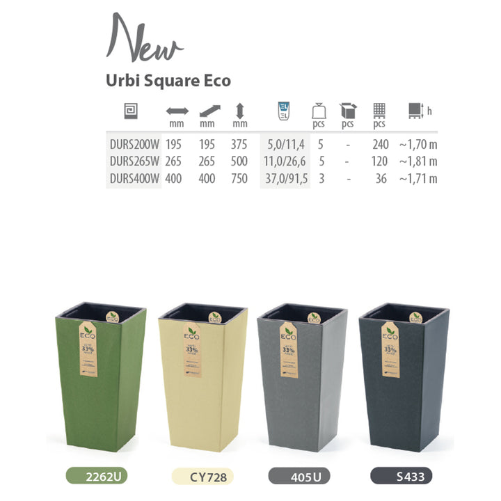 Ghiveci de plante Urbi Square ECO 2 în 1 cu insertie. Pentru uz interior si exterior, plastic, pătrat 195x195x375mm verde