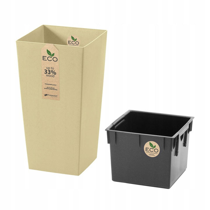 Ghiveci de plante Urbi Square ECO 2 în 1 cu insertie. Pentru uz interior si exterior, plastic, pătrat 195x195x375mm crem