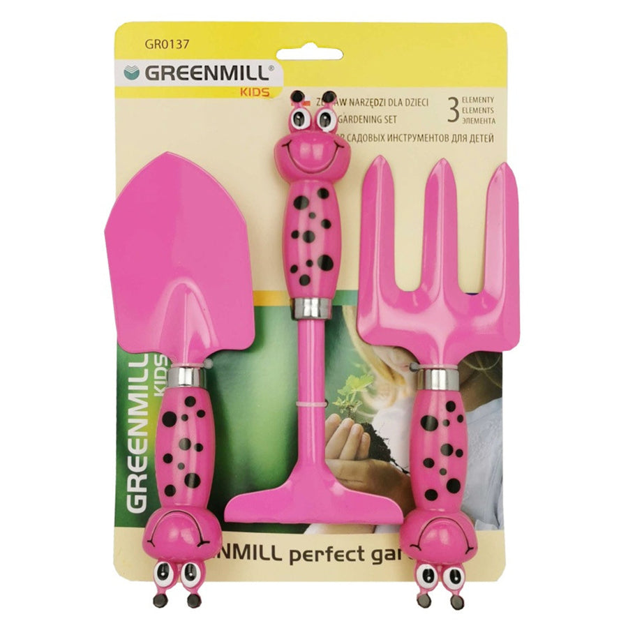 Un set de 3 unelte pentru copii Greenmill GR0137 lopată, greble și furci